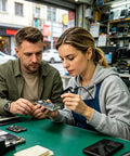 Technicians using Inductance Tester For Circuit Boards And Motherboards Coil Pack Tester with phone in repair shop.