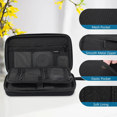 Go To Large Hard Travel Tech Organizer Case open showing mesh pocket, smooth metal zipper, elastic pocket, and soft lining.