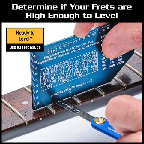 Guitar Fret Gauge Tool For Precision Fret Level Seating Height And Size Measurements Stainless Steel in use on guitar neck