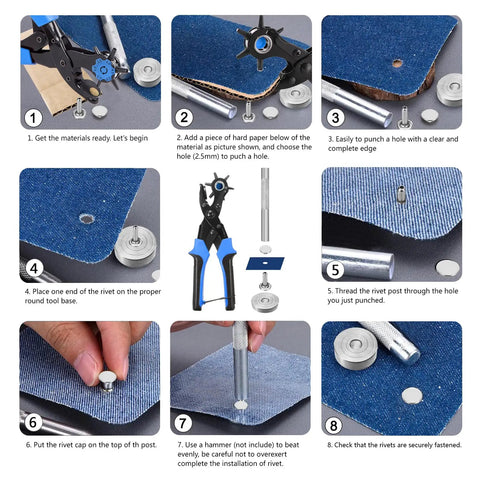 DIY steps using Belt Hole Puncher With 240 Sets Of Leather Rivets for watch band, belt, dog collar; includes image of puncher and accessories