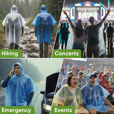 Disposable Rain Ponchos For Adults Ultra Lightweight And Durable Waterproof Lifesaver Rain Gear In Clear Color 5 Pack 10 Pack Or 50 Pack Perfect For Camping Hiking And Travel One Size Fits All, shown in hiking, concerts, emergency car situation, and events settings.