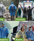 Image showing various scenarios of using Disposable Rain Ponchos For Adults Waterproof Emergency Gear Clear One Size Fits All Pack Of 5 10 Or 50 For Camping Hiking Travel And Outdoor Adventures