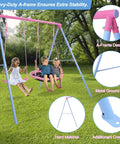 Heavy Duty A Frame Swing Set For Backyard With 440 Lb Capacity 32 Inch Saucer Swing And Belt Swing Seat Metal Outdoor Swing Stand In Pink For Kids And Adults, featuring pink A-frame and kids playing