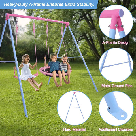 Heavy Duty A Frame Swing Set For Backyard With 440 Lb Capacity 32 Inch Saucer Swing And Belt Swing Seat Metal Outdoor Swing Stand In Pink For Kids And Adults, featuring pink A-frame and kids playing