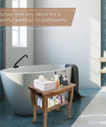 Teak Shower Bench With Storage Shelf Water Resistant Solid Teak Bath Stool With Non Slip Pads in modern spa bathroom scene