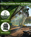 Portable Rechargeable Fan With 20000mAh Battery Cordless USB C Tent Fan With LED Lantern in camping setup