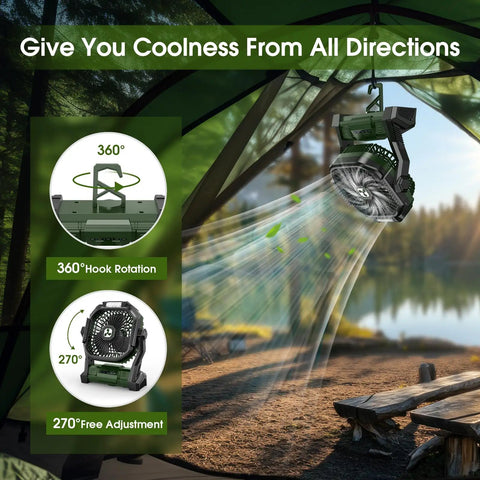 Portable Rechargeable Fan With 20000mAh Battery Cordless USB C Tent Fan With LED Lantern in camping setup