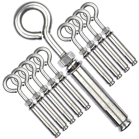 Built Tough Heavy Duty M6 Eyebolts Set In Stainless Steel For Wall, Ceiling And Concrete Anchors Expansion Screws With Nut, 10 Pack