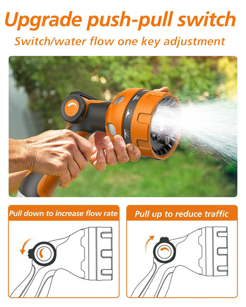 Heavy Duty Garden Hose Nozzle With 10 Pattern Watering Sprays, Thumb Control On Off Valve, Metal Inlet And Durable ABS And TPR