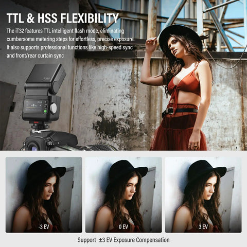 TTL Camera Flash For Sony With X5S Trigger Kit Diffuser Magnetic Hotshoe And Two In One Wireless Trigger Two Four G HSS Up To Eight Thousandth Second GN18 LED Modeling Lamp Colorful Touch Screen Rotatable Head showing various EV exposures