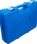 Master Grade 150 Piece Socket Set With Quarter Inch And Half Inch Drives in blue molded plastic case, ideal for organizing tools.