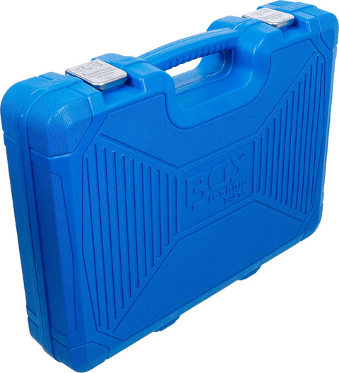 Master Grade 150 Piece Socket Set With Quarter Inch And Half Inch Drives in blue molded plastic case, ideal for organizing tools.