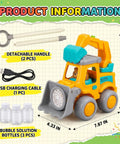 Hootie the Construction Truck Bubble Lawn Mower For Kids Ages 3 To 6 With Flashing Lights Automatic Bubbles Blower Toy showing details like handle, USB cable and bottles.
