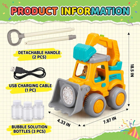 Hootie the Construction Truck Bubble Lawn Mower For Kids Ages 3 To 6 With Flashing Lights Automatic Bubbles Blower Toy showing details like handle, USB cable and bottles.