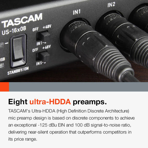 Close-up of rackmount USB audio and MIDI interface with eight ultra HDDA preamps for 16 inputs and 8 outputs, black.
