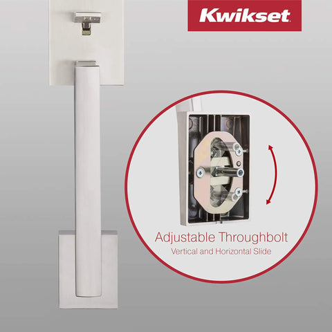 Vancouver Front Door Lock Set With Exterior Handleset And Reversible Interior Lever Satin Nickel Finish Pick Resistant SmartKey Rekey Deadbolt Security, adjustable throughbolt shown.