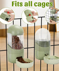 Game Changer Hanging Auto Feeder And Gravity Water Dispenser Combo For Bunnies And Ferrets mounted on a cage with food and water.