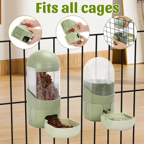 Game Changer Hanging Auto Feeder And Gravity Water Dispenser Combo For Bunnies And Ferrets mounted on a cage with food and water.