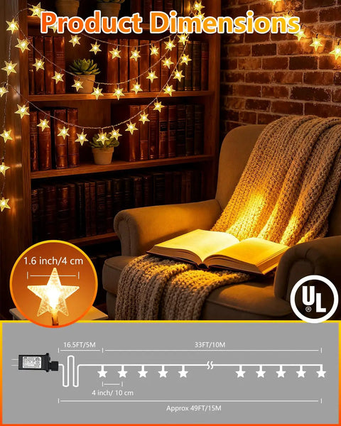 Cozy room with chair and 100 LED Star String Lights 33Ft Waterproof Fairy Lights for indoor decor on bookshelf