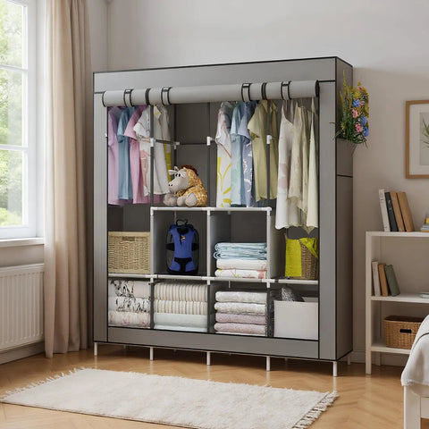 Portable Wardrobe Organizer With Six Roomy Shelves And Four Hanging Sections, Four Side Pockets, Grey Garment Closet System