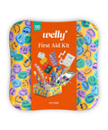 Welly First Aid Kit tin with orange label and colorful emoji wrap, 130-count.