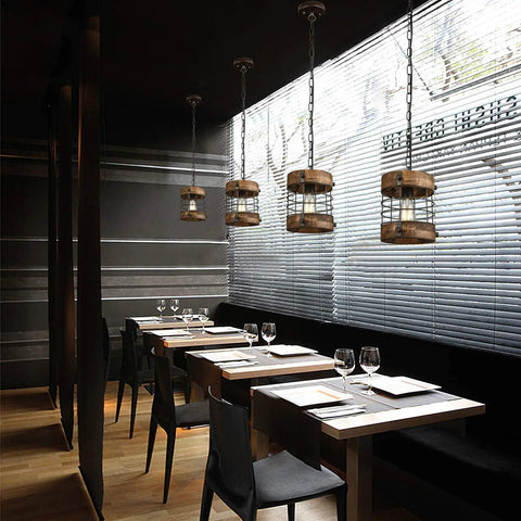 Retro Industrial Round Pendant Light Two Pack With Metal And Wood Farmhouse Chandelier 1 Light Cage Fixture In Brown Finish over dining tables