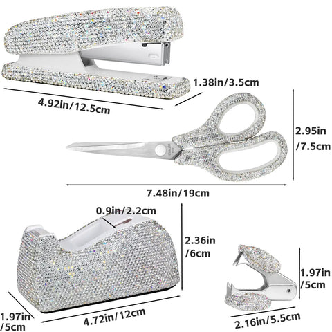 Image showing dimensions of White Rhinestone Bling Stapler And Tape Dispenser Set With Glam Scissors And Staple Remover 1000 Staples Included.