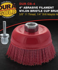 Drill Ready Four Inch Coarse Abrasive Nylon Bristle Cup Brush With Five Eighths Inch Eleven Thread And One Quarter Inch Hex Shank Arbor For Angle Grinders Ideal For Truck Bed Liner Prep Rust And Paint Removal