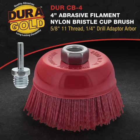 Drill Ready Four Inch Coarse Abrasive Nylon Bristle Cup Brush With Five Eighths Inch Eleven Thread And One Quarter Inch Hex Shank Arbor For Angle Grinders Ideal For Truck Bed Liner Prep Rust And Paint Removal