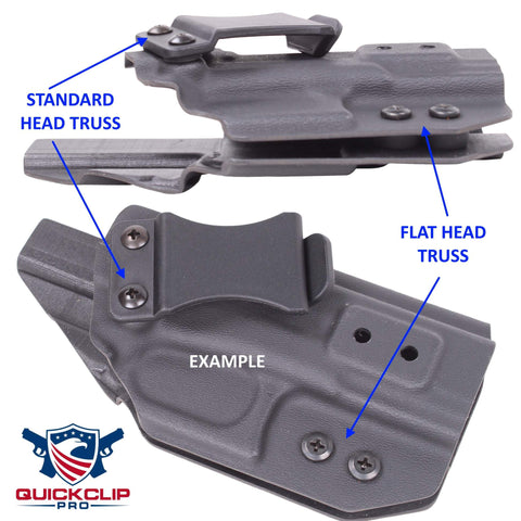 Kydex holster with Black Oxide Coated Steel Phillips Flat Head Truss Machine Screws, highlighting standard and flat head truss types.