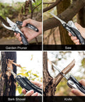 Five In One Garden Pruner Multitool With Folding Scissors And 420 Stainless Steel Blades For Pruning Trees Shrubs Bonsai And Garden Work All In One Clipper Set shown in use with pruner, saw, bark shovel, and knife on tree branches.