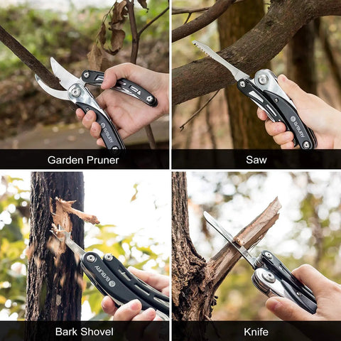 Five In One Garden Pruner Multitool With Folding Scissors And 420 Stainless Steel Blades For Pruning Trees Shrubs Bonsai And Garden Work All In One Clipper Set shown in use with pruner, saw, bark shovel, and knife on tree branches.