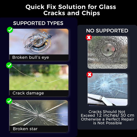 Image showing supported and unsupported types of cracks for a Windshield Chip Repair Kit For Cars With Clear Nano Resin To Fix Chips And Cracks In Auto Glass Easy DIY Quick Fix For Bullseyes Half Moon Cracks Star Damage And Scratches Under 12 Inches.