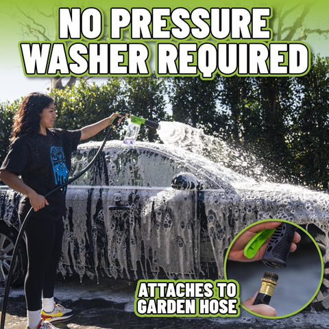 Person using Foam Blaster 6 Car Wash Gun And Chenille Microfiber Wash Mitt Kit for thick suds on a car with garden hose attachment