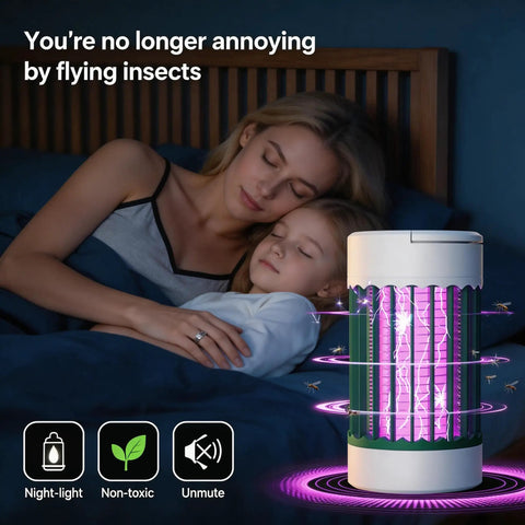 Woman and child sleeping with Portable USB Skeeter Zapper Lamp With 4000V Grid Rechargeable Bug Killer Trap Blue UV Light