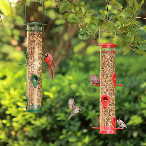 Double Pack Tube Bird Feeder With 6 Ports Hanging Design For Backyard Birds Weatherproof Hard Plastic With Steel Hanger See Through Seed Chamber 18.2 Inch Large Red And Green hanging in garden