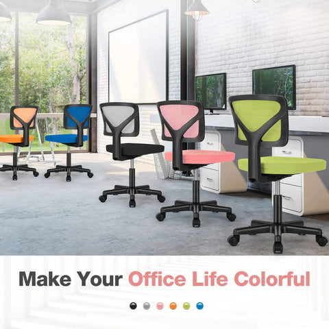 Colorful ergonomic low back mesh desk chairs with rolling wheels, armless swivel seats, and lumbar support for home offices.