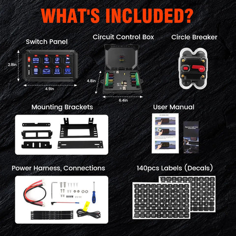 Contents of 8 Gang Bluetooth RGB Switch Panel With Toggle Momentary Flash Strobe And Memory Function, including mounting brackets.