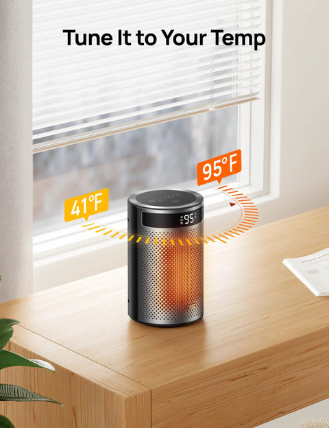 Indoor Portable Ceramic Space Heater With Thermostat Remote 1-12 Hour Timer Eco Mode 1500W PTC Fast Heating on a table
