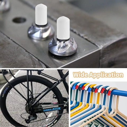 Fifty Pack White Rubber Screw Thread End Caps for Top Notch Floor Protection and Furniture Leg Safeguards, showing rubber caps on metal screws.