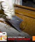 Citrus Paint Stripper Gel For Wood And Metal Surfaces being applied with a spatula to strip old varnish from a surface.