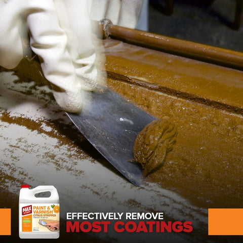 Citrus Paint Stripper Gel For Wood And Metal Surfaces being applied with a spatula to strip old varnish from a surface.