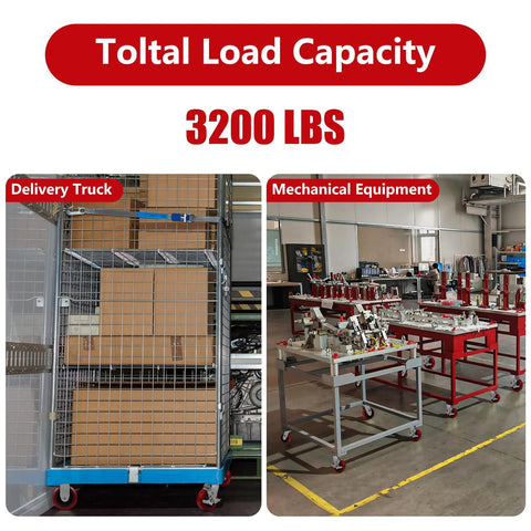 Heavy Duty 5 Inch Swivel Casters Set of 4 With Polyurethane Tread On Polypropylene Core for carts showing 3200 lbs total load capacity on a delivery truck and mechanical equipment.