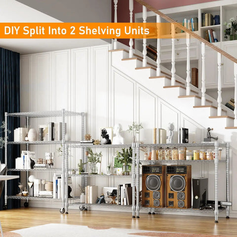 DIY split into 2 shelving units, Heavy Duty 4 Tier Steel Wire Storage Rack On Wheels, in living room under stairs