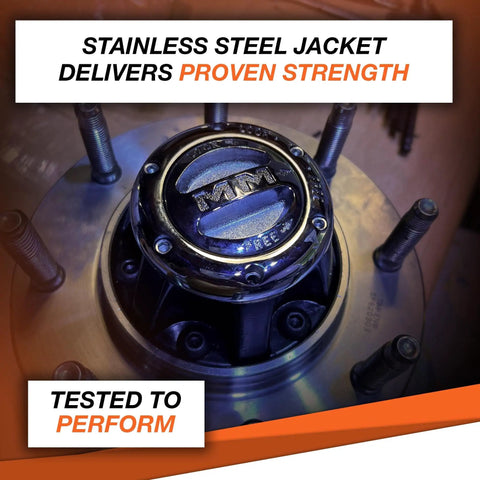 Close-up of Pair Of Premium Locking Hubs For 1999 2004 Ford F250 F350 F450 F550 Off Road Ready Beefed Up Heavy Duty 30 Spline Design Replaces Manual Or Automatic Hubs No Conversion Kit Needed installed on axle