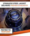 Close-up of Pair Of Premium Manual Locking Hub Set For 1982 1996 Ford F150 And Bronco, showing stainless steel jacket.