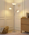 Double LED Floor Lamp With Two Reading Lights Dimmable Torchiere Tall Silver Standing Lamp in living room corner, warm light