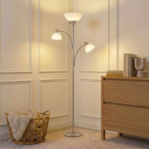Double LED Floor Lamp With Two Reading Lights Dimmable Torchiere Tall Silver Standing Lamp in living room corner, warm light