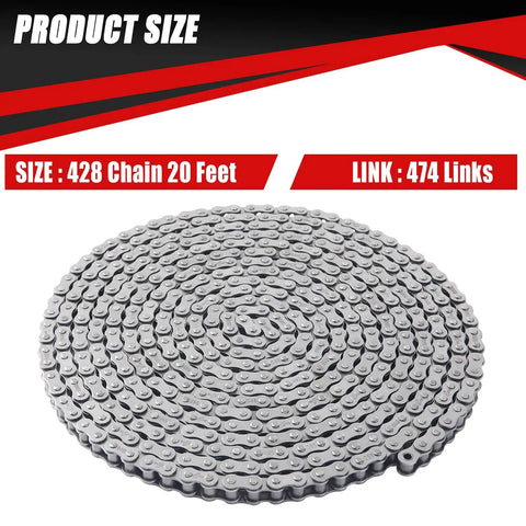 428 Roller Chain Kit For Sliding Gate Opener, 20 Feet, 474 Links, heavy-duty replacement chain coiled with size details.