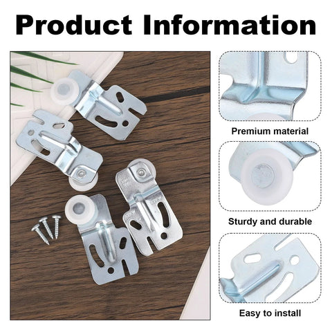 4 Pack Sliding Closet Door Hardware Roller Kit for Wardrobe and Cabinet Doors, metal rollers and screws on wood surface